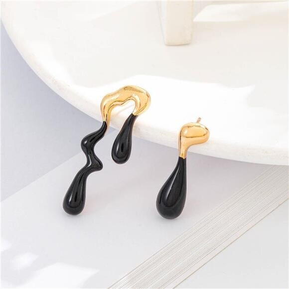 Small Black Teardrop Earrings – Asymmetrical Patchwork Studs - Picture 1 of 5